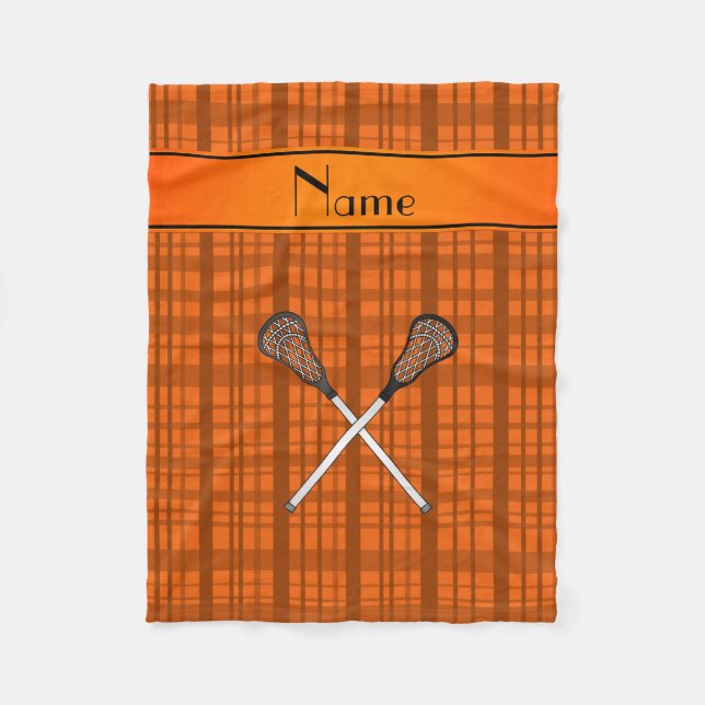 Personalized name lacrosse orange plaid fleece blanket (Front)