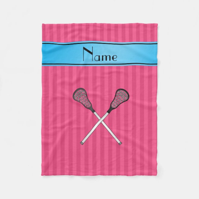 Personalized name lacrosse pink stripes fleece blanket (Front)