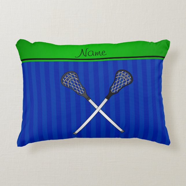 Personalized name lacrosse sticks blue stripes decorative pillow (Front)