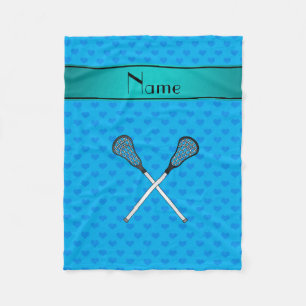 Personalized name lacrosse sticks sky blue hearts fleece blanket