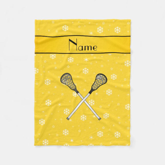 Personalized name lacrosse yellow snowflakes fleece blanket (Front)