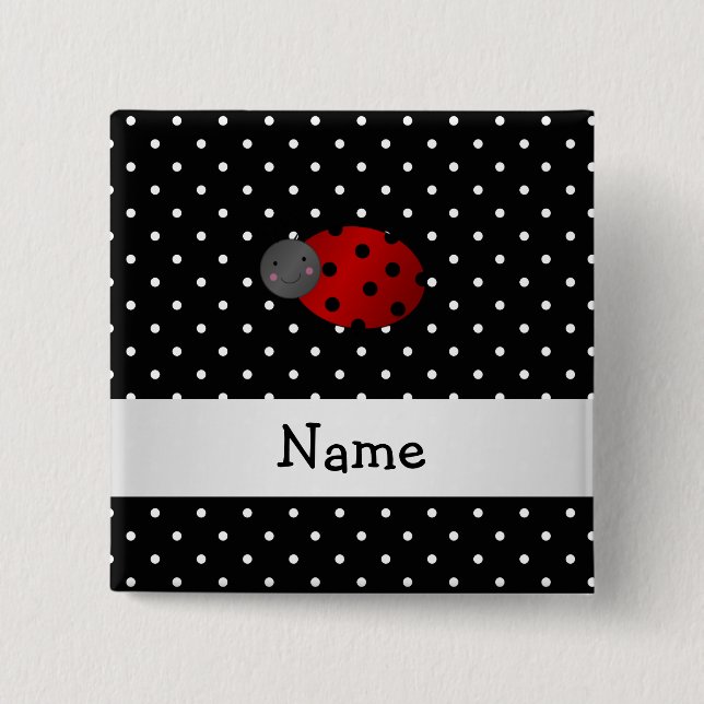Personalized name ladybug black polka dots 2 inch square button (Front)