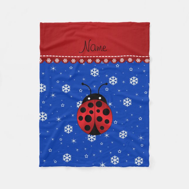 Personalized name ladybug blue snowflakes fleece blanket (Front)