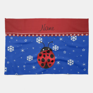 Personalized name ladybug blue snowflakes kitchen towel