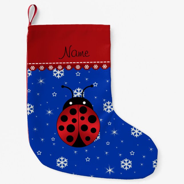 Personalized name ladybug blue snowflakes small christmas stocking (Front)