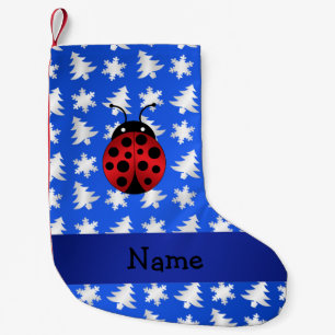Personalized name ladybug blue snowflakes trees small christmas stocking