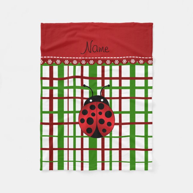Personalized name ladybug christmas plaid fleece blanket (Front)