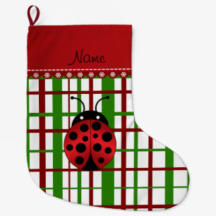 Personalized name ladybug christmas plaid large christmas stocking