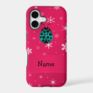 Personalized name ladybug dark pink snowflakes