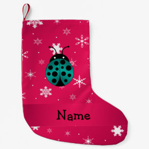 Personalized name ladybug dark pink snowflakes small christmas stocking