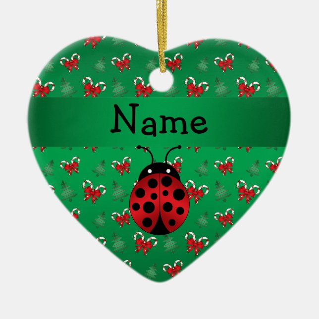 Personalized name ladybug green candy canes bows ceramic ornament (Front)