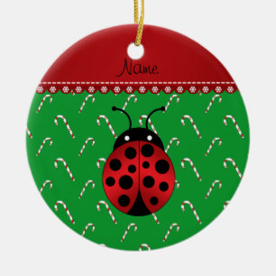 Personalized name ladybug green candy canes ceramic ornament