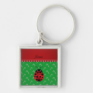 Personalized name ladybug green candy canes keychain