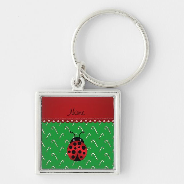 Personalized name ladybug green candy canes keychain (Front)