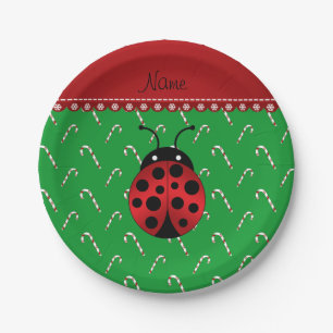 Personalized name ladybug green candy canes paper plate