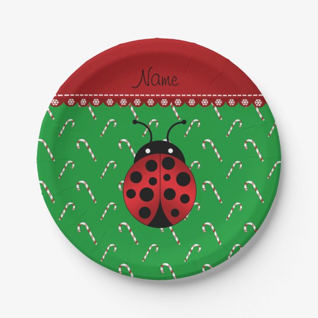 Personalized name ladybug green candy canes paper plate (Front)