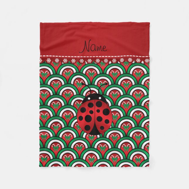 Personalized name ladybug half circles candy canes fleece blanket (Front)