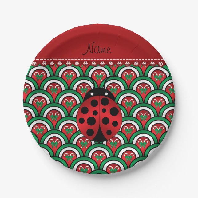 Personalized name ladybug half circles candy canes paper plate (Front)