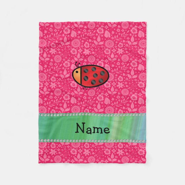 Personalized name ladybug pink floral pattern fleece blanket (Front)