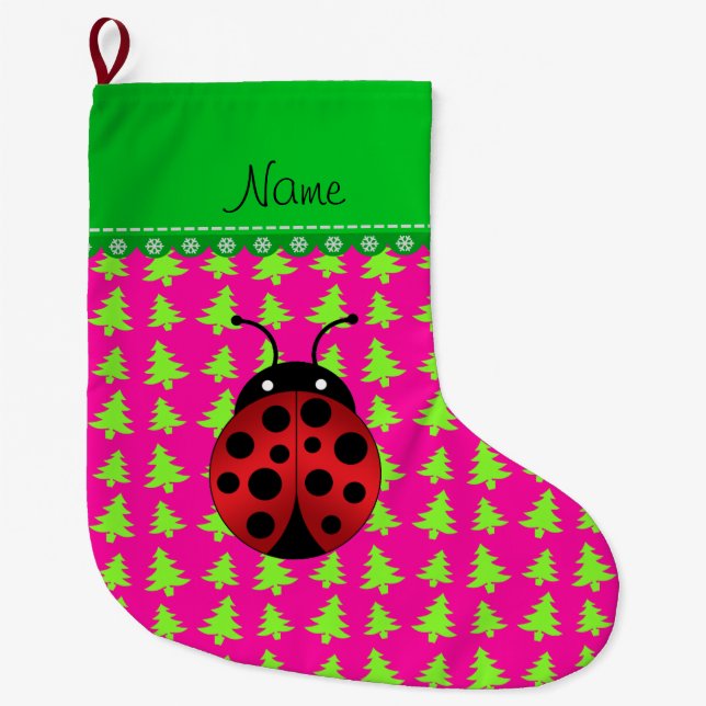Personalized name ladybug pink green trees large christmas stocking (Front)