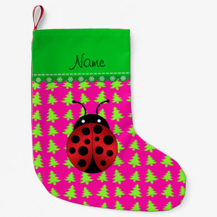 Personalized name ladybug pink green trees small christmas stocking