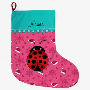 Personalized name ladybug pink santa hats large christmas stocking