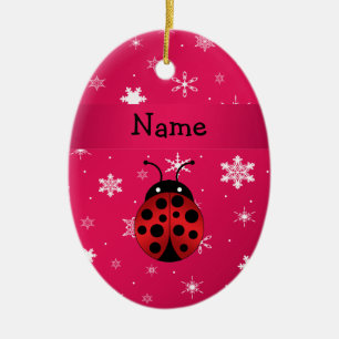 Personalized name ladybug pink snowflakes ceramic ornament