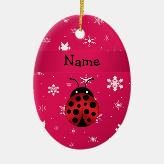 Personalized name ladybug pink snowflakes ceramic ornament (Front)