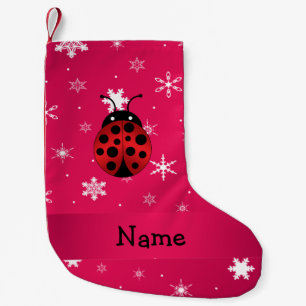 Personalized name ladybug pink snowflakes small christmas stocking