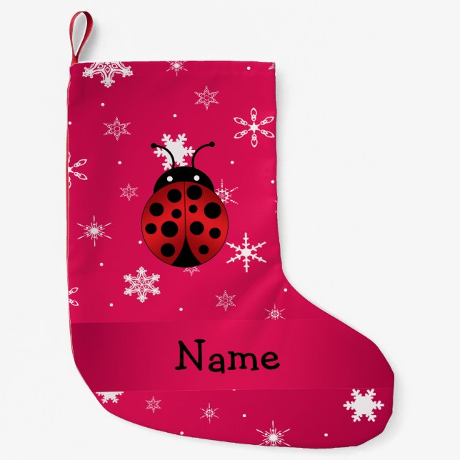 Personalized name ladybug pink snowflakes small christmas stocking (Front)