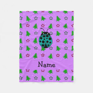 Personalized name ladybug purple christmas trees fleece blanket