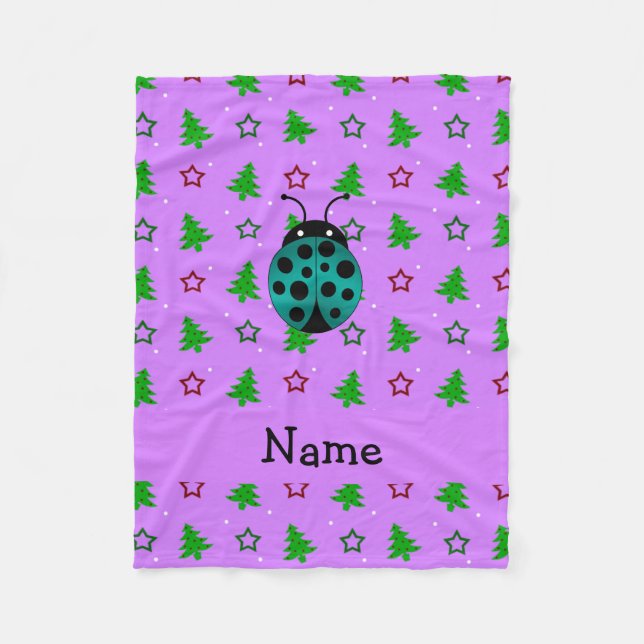 Personalized name ladybug purple christmas trees fleece blanket (Front)