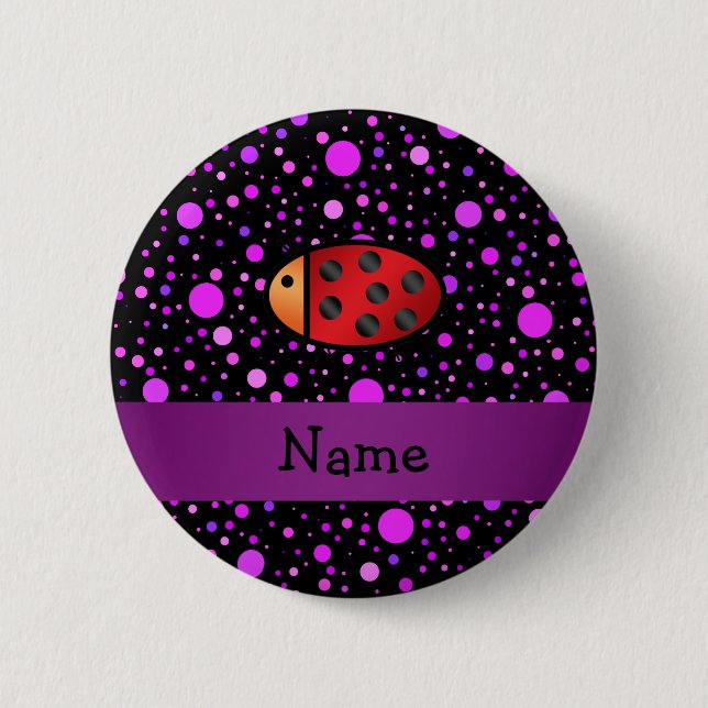 Personalized name ladybug purple polka dots 2 inch round button (Front)