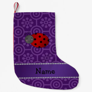 Personalized name ladybug purple retro flowers small christmas stocking