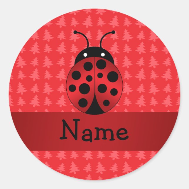 Personalized name ladybug red christmas trees classic round sticker (Front)