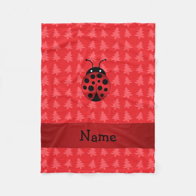 Personalized name ladybug red christmas trees fleece blanket (Front)