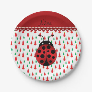 Personalized name ladybug red green snowmen paper plate
