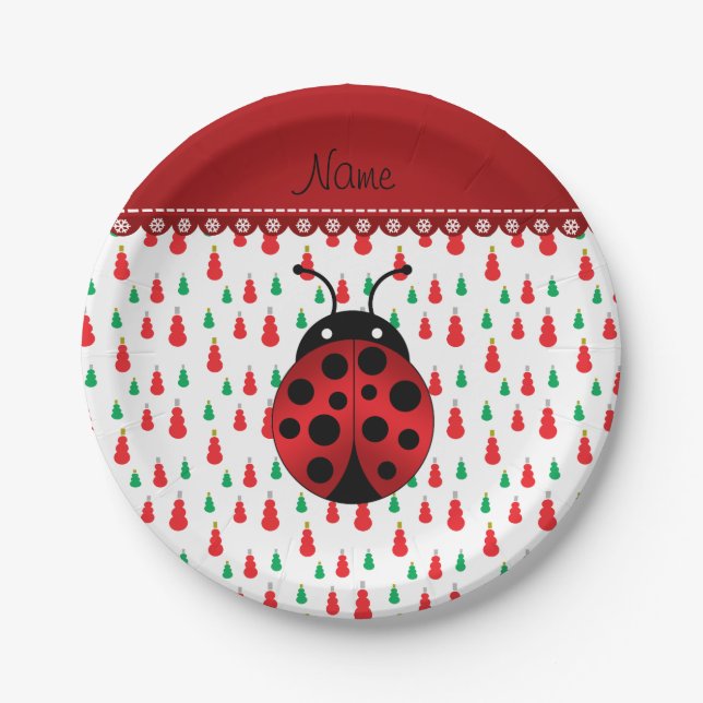 Personalized name ladybug red green snowmen paper plate (Front)