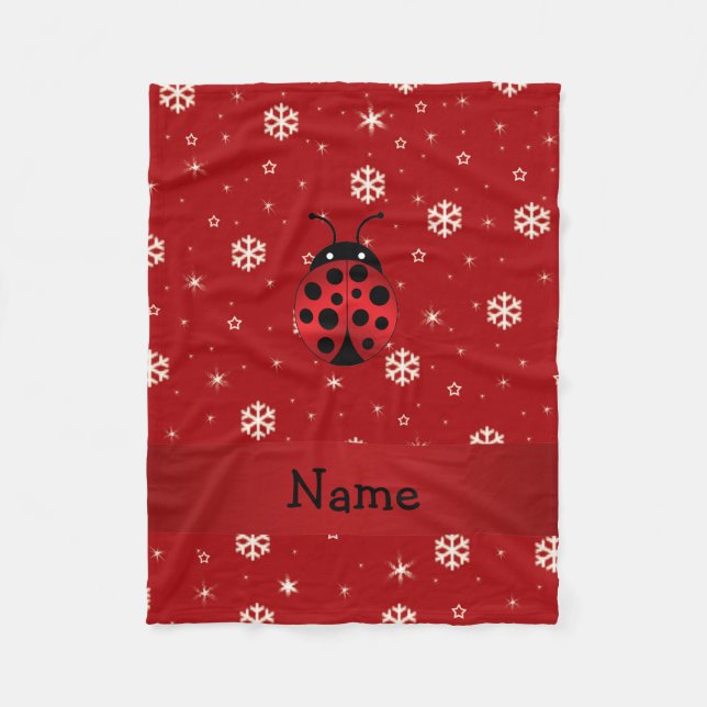 Personalized name ladybug red snowflakes fleece blanket (Front)