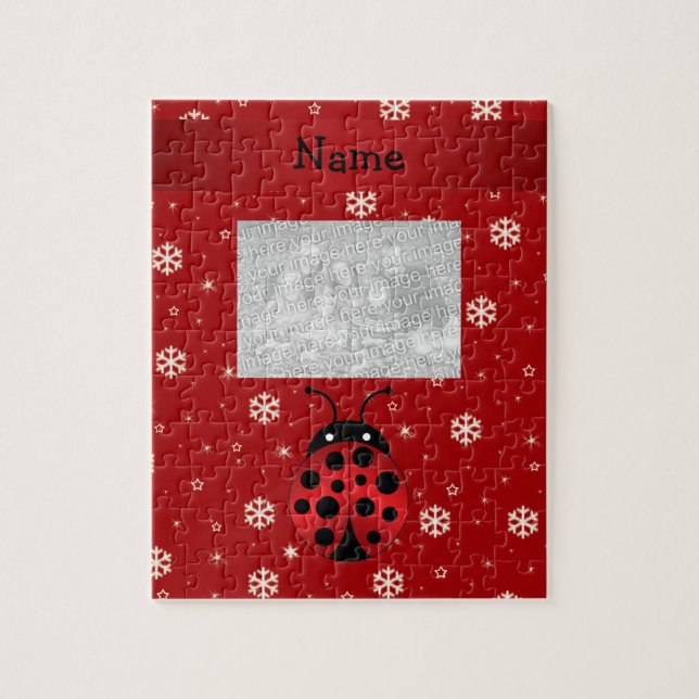 Personalized name ladybug red snowflakes jigsaw puzzle (Vertical)