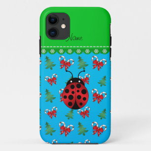 Personalized name ladybug sky blue candy canes bow iPhone 11 case