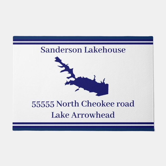 Personalized Name Lake Arrowhead Map Navy Blue Doo Doormat (Front)