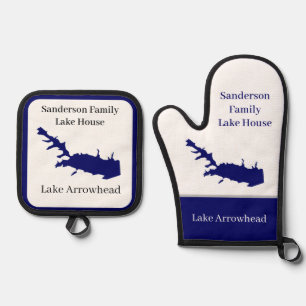 Personalized  Name Lake Arrowhead Map Navy Blue  Oven Mitt & Pot Holder Set