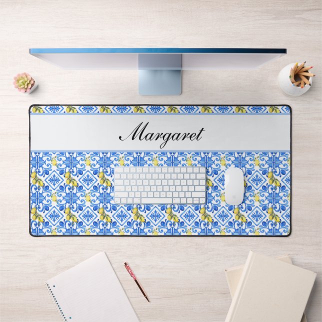 Personalized Name Lemon Azulejo Blue Tile Pattern Desk Mat (Office 1)