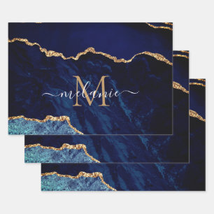Personalized Name Letter Navy Blue Gold Marble Wrapping Paper Sheet