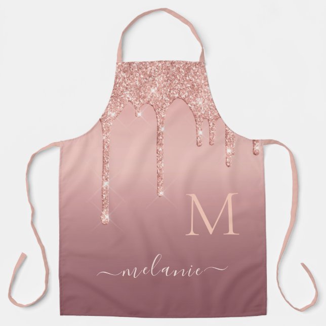Personalized Name Letter Rose Gold Glitter Apron (Front)