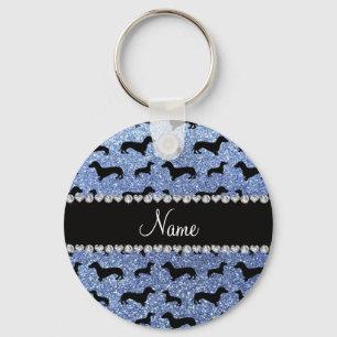 Personalized name light blue glitter dachshunds keychain