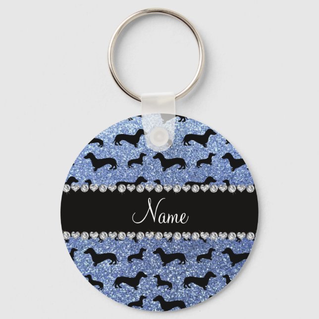Personalized name light blue glitter dachshunds keychain (Front)