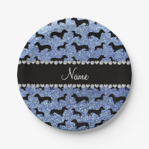 Personalized name light blue glitter dachshunds paper plate