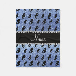 Personalized name light blue glitter seahorses fleece blanket